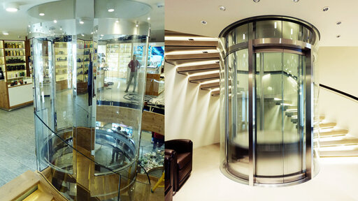 Round glass elevator and stairs