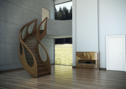 Wooden railings with teardrop-shaped glass inlays
