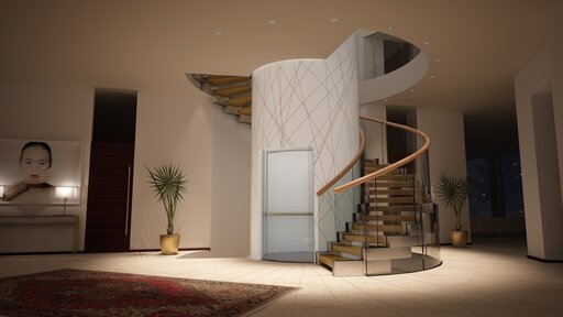 Cora Gold - Treppe gebogen mit Goldstufen Glasgeländer